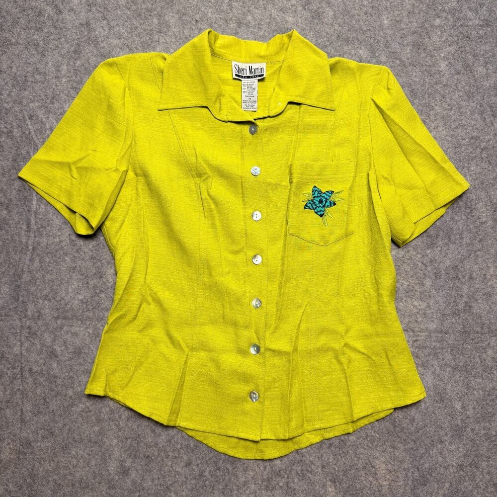 Vintage Sheri Martin New York Womens 10 Chartreuse Blouse Embroidered Pocket 90s